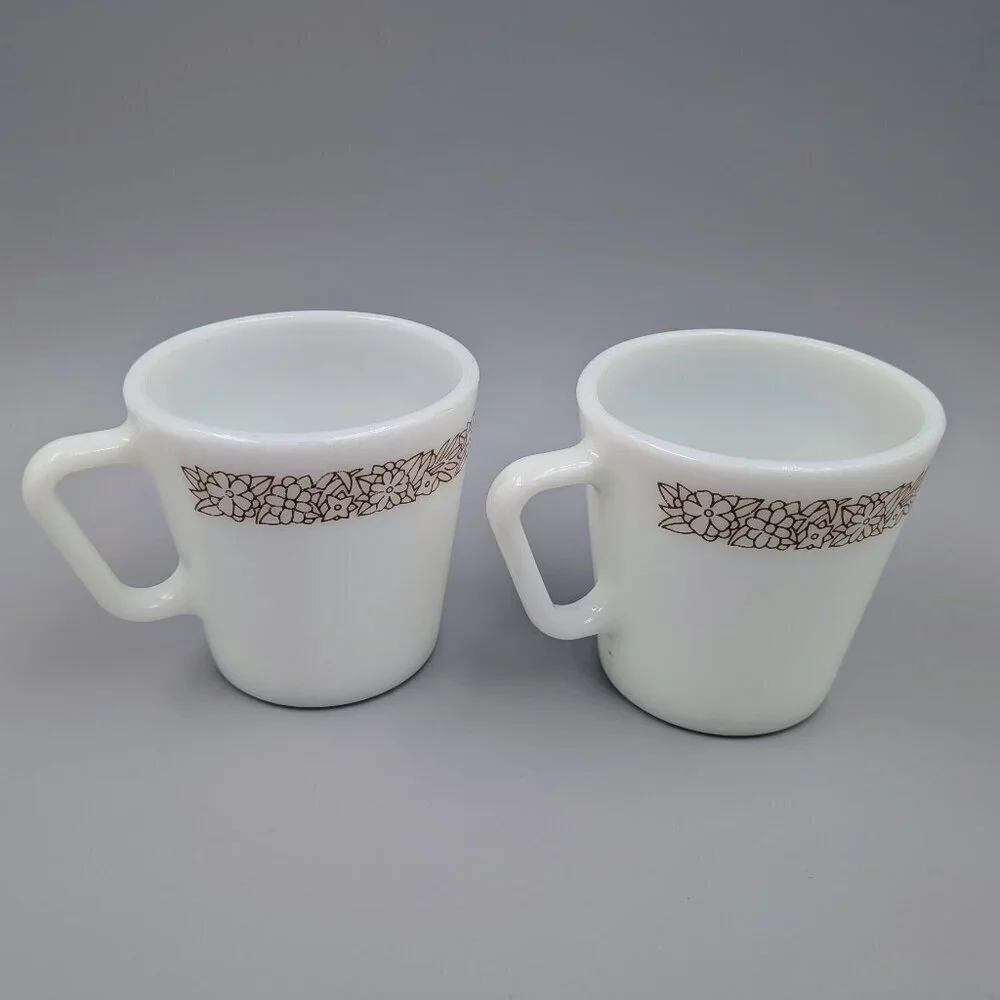Retro Vibe: Pair of Vintage Pyrex Woodland Brown Coffee Mugs - 1970s Milk Glass